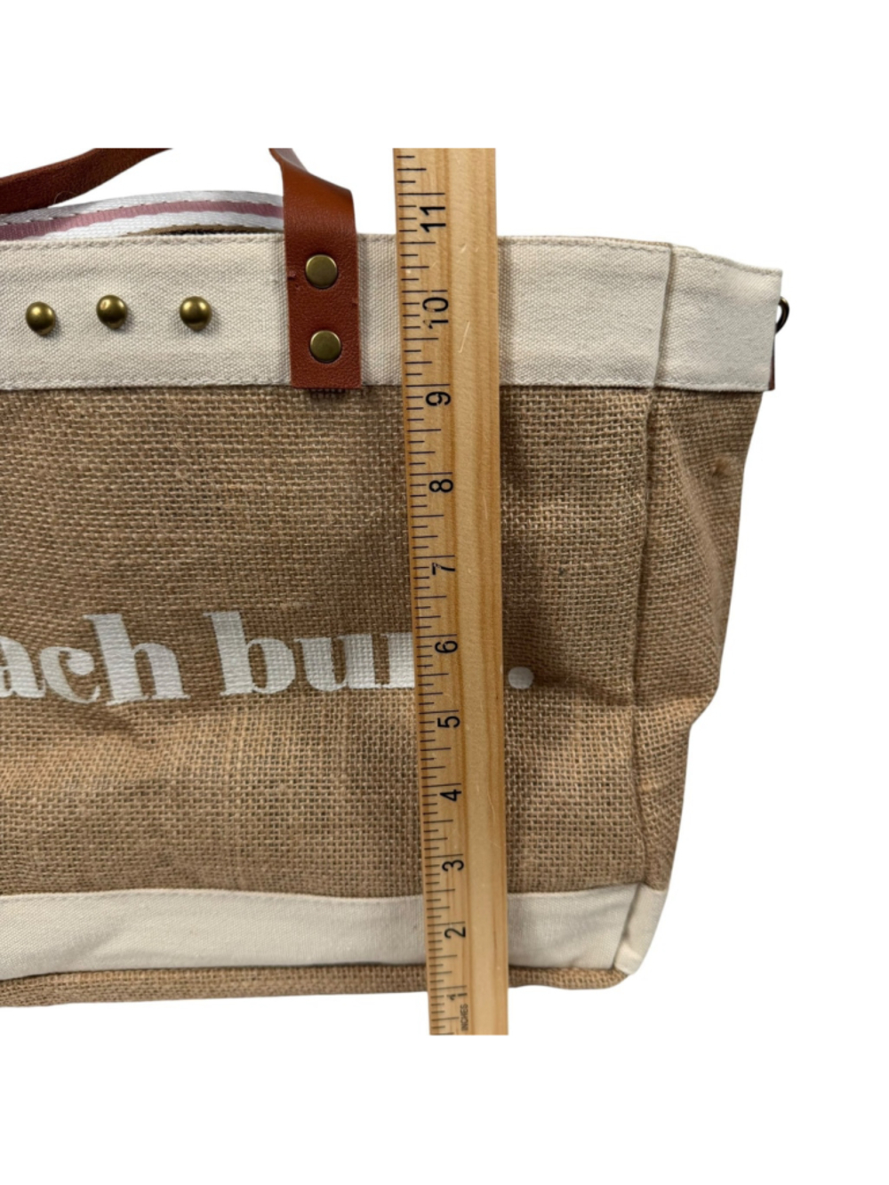 Beach Bum Canvas Jute Tote Bag Beige Brown Striped Strap Casual Travel Women's - Picture 7 of 10